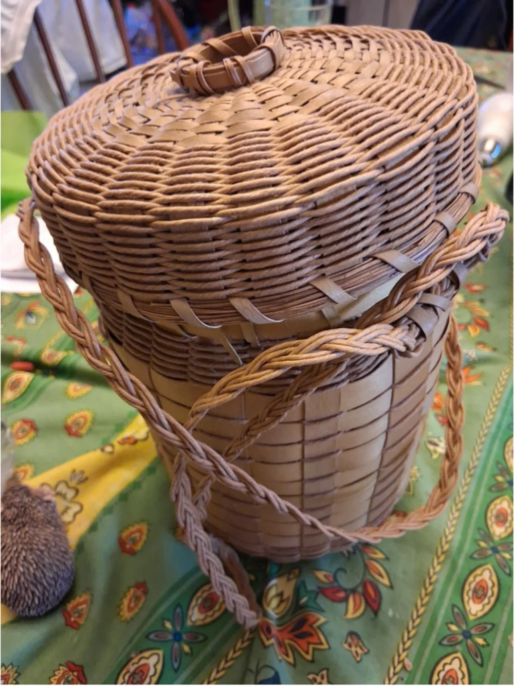 Ash splint and braided sweet grass yarn basket w braided handles New England